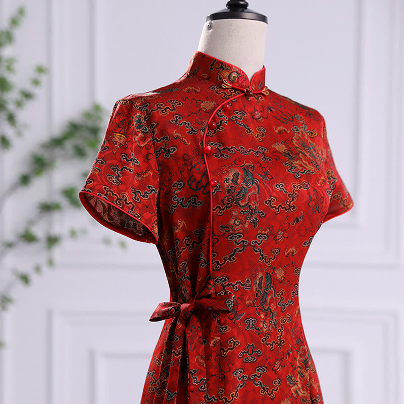 Robe Qipao pour femme avec imprimé feuilles et nuages de bon augure vintage et Buddha Stones