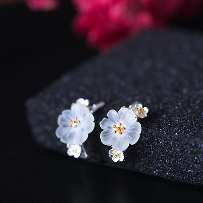 Boucles d'oreilles en argent sterling 925 Buddha Stones et fleurs de prunier