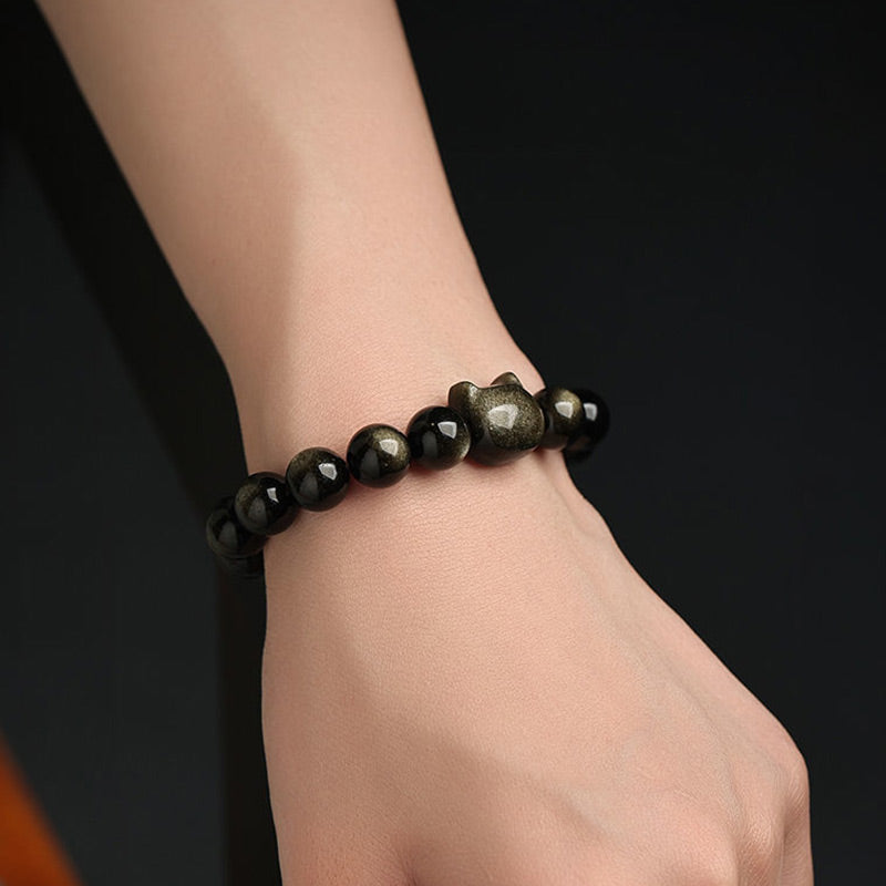 Bracelet de protection porte-bonheur en obsidienne dorée et argentée avec Buddha Stones et jolie patte de chat porte-bonheur - image 12