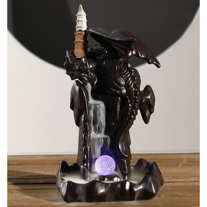 Fontaine à fumée à refoulement en céramique avec dragon nordique, brûleur d'encens de guérison et de méditation, décoration à boule LED