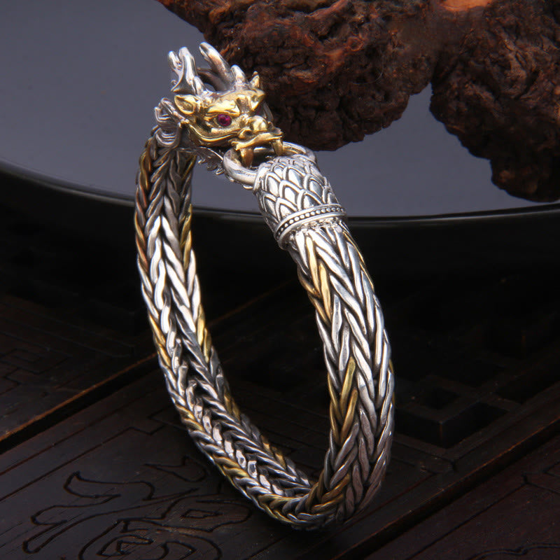 Bracelet tressé en métal de protection du dragon de bon augure en argent sterling 925 de Buddha Stones Année du Dragon