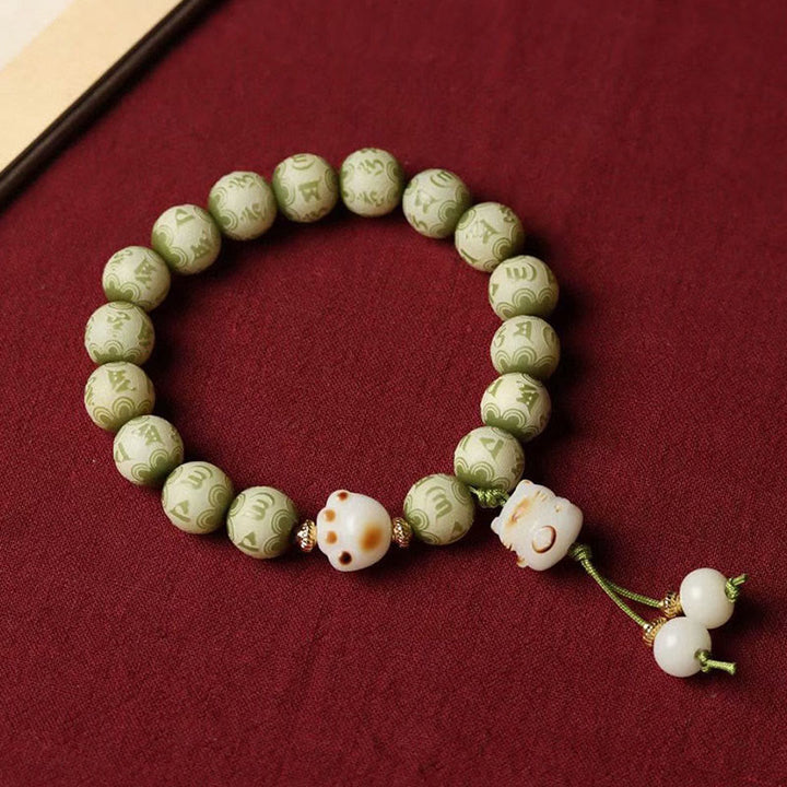 Bracelet de sagesse gravé en forme de patte de chat avec graines de Bodhi vertes et pierres de Buddha Stones Om Mani Padme Hum - image 2