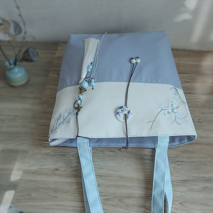 Sac à bandoulière en toile brodée de bambou avec fleur de poire, prunier, fleur de pêcher, grande capacité, sac fourre-tout