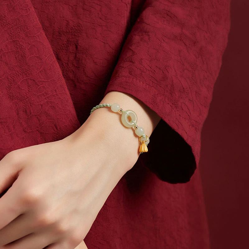 Bracelet en corde avec boucle ronde en Buddha Stones et lotus de jade pour la paix, le bonheur, l'abondance et la richesse