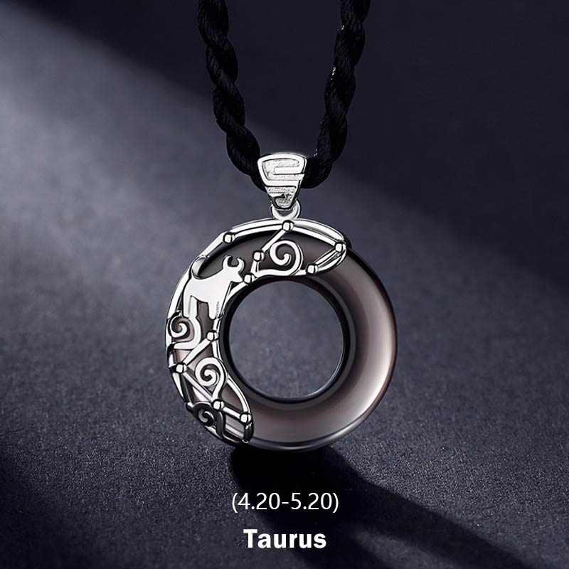 Collier pendentif rond en obsidienne glacée avec 12 constellations du zodiaque de Buddha Stones - Taureau - Corde - image 2