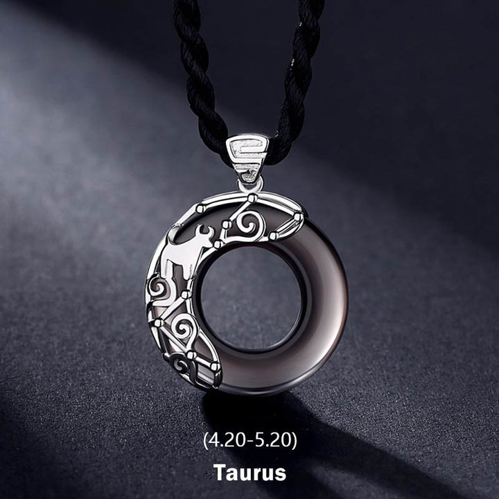 Collier pendentif rond en obsidienne glacée avec 12 constellations du zodiaque de Buddha Stones - Taureau - Corde - image 2