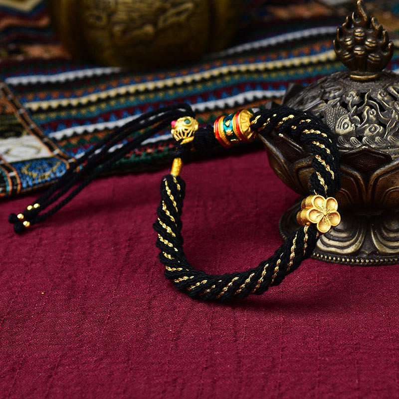 Bracelet en corde tissée avec breloque en forme de fleur et roue de prière en Buddha Stones faites à la main avec cinq dieux de la richesse et de la chance