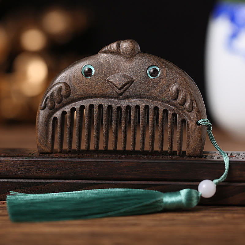 Mini peigne portable en bois de santal vert avec symbole du zodiaque chinois - Bois de Chacate Preto - Coq - image 16