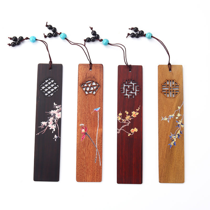 Lot de 4 marque-pages en bois avec Buddha Stones , orchidée, prunier, bambou, chrysanthème, masque d'opéra de Pékin, avec boîte cadeau