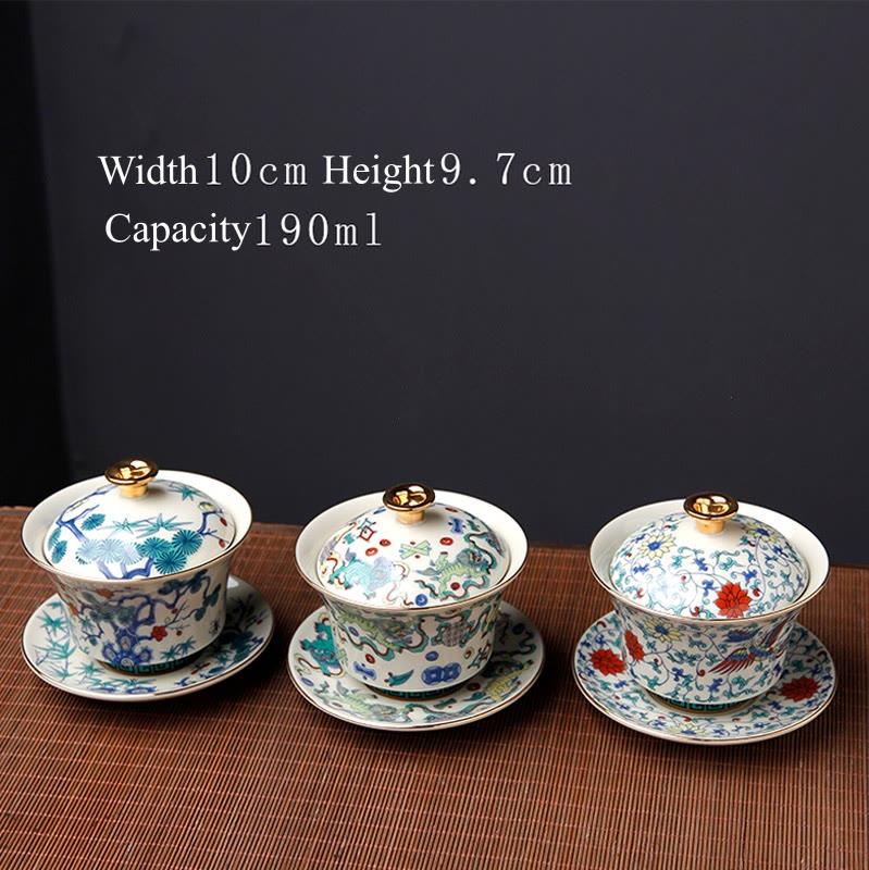 Buddha Stones Rétro Fleur de Prunier Pin Bambou Phénix Kirin Céramique Gaiwan Sancai Tasse à Thé Kung Fu Tasse à Thé et Soucoupe avec Couvercle