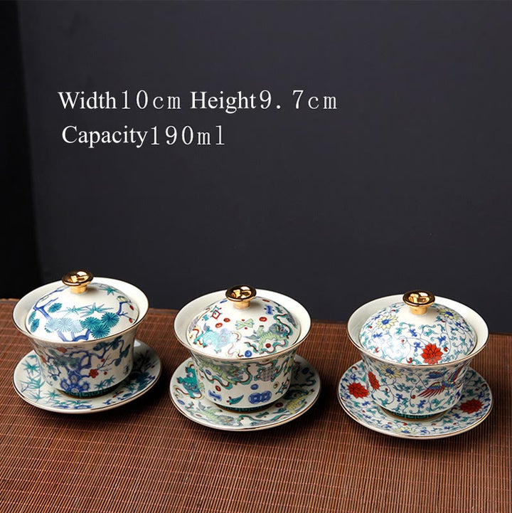 Buddha Stones Rétro Fleur de Prunier Pin Bambou Phénix Kirin Céramique Gaiwan Sancai Tasse à Thé Kung Fu Tasse à Thé et Soucoupe avec Couvercle