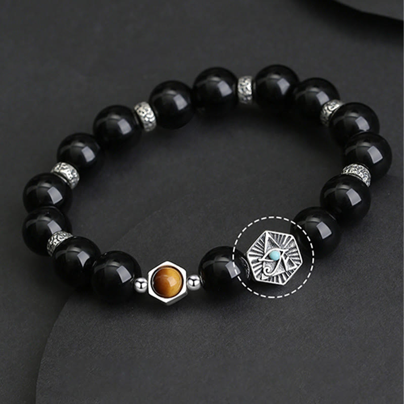 Bracelet de purification en argent sterling 925 avec Buddha Stones noire et œil de tigre de la Providence