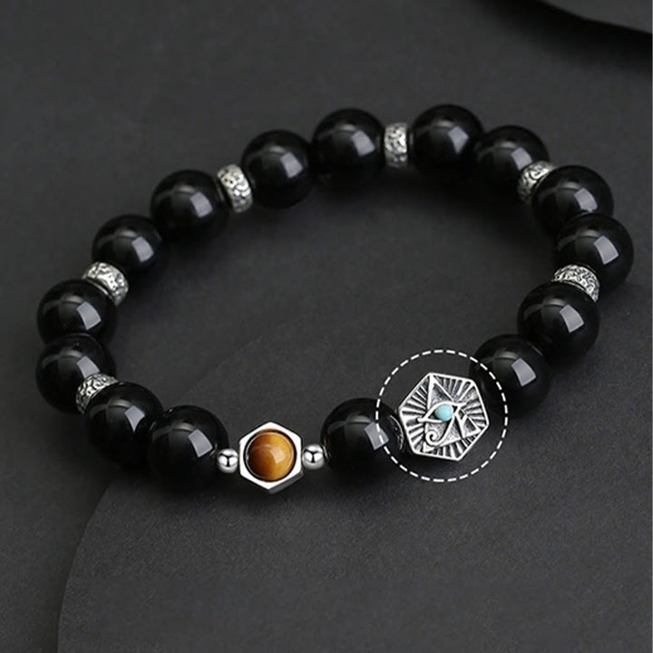Bracelet de purification en argent sterling 925 avec Buddha Stones noire et œil de tigre de la Providence