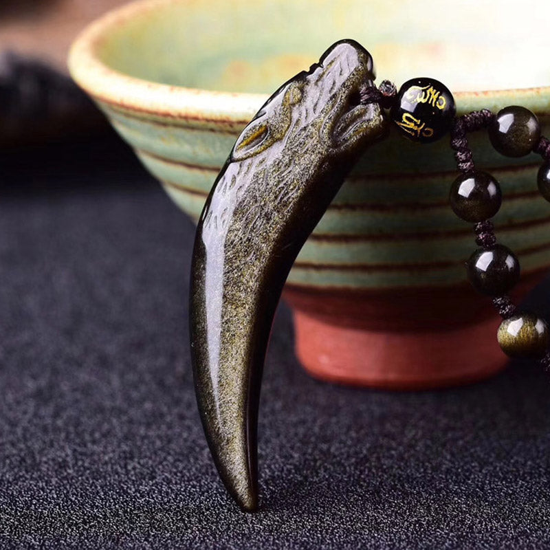 Buddha Stones Obsidienne noire naturelle Obsidienne de glace Obsidienne arc-en-ciel Motif dent de loup Collier force Pendentif