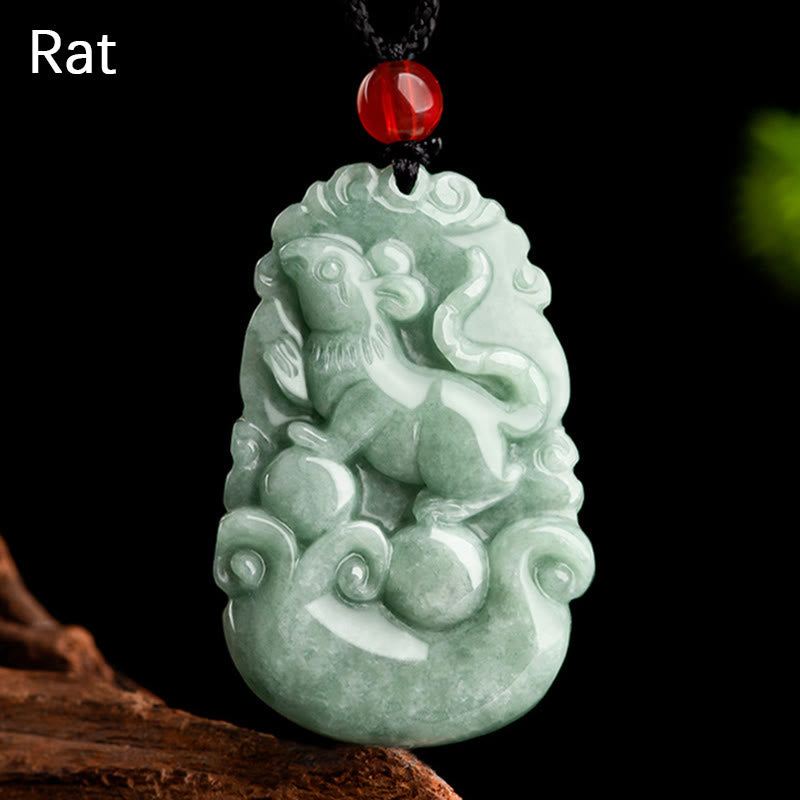 Collier pendentif en jade vert naturel avec Buddha Stones et 12 signes du zodiaque chinois