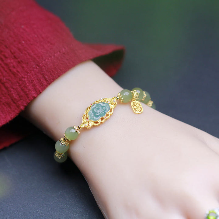 Bracelet porte-bonheur en argent sterling 925 plaqué or 14 carats avec lotus en jade Hetian
