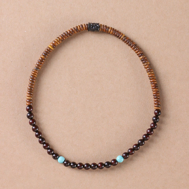Bracelet double tour en bois de santal et turquoise, petites feuilles, Buddha Stones