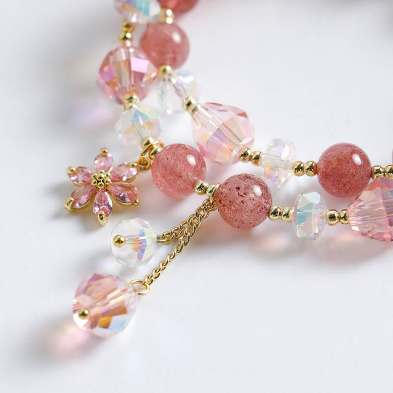Bracelet double tour de guérison en quartz fraise et zircon en forme de fleur de Buddha Stones