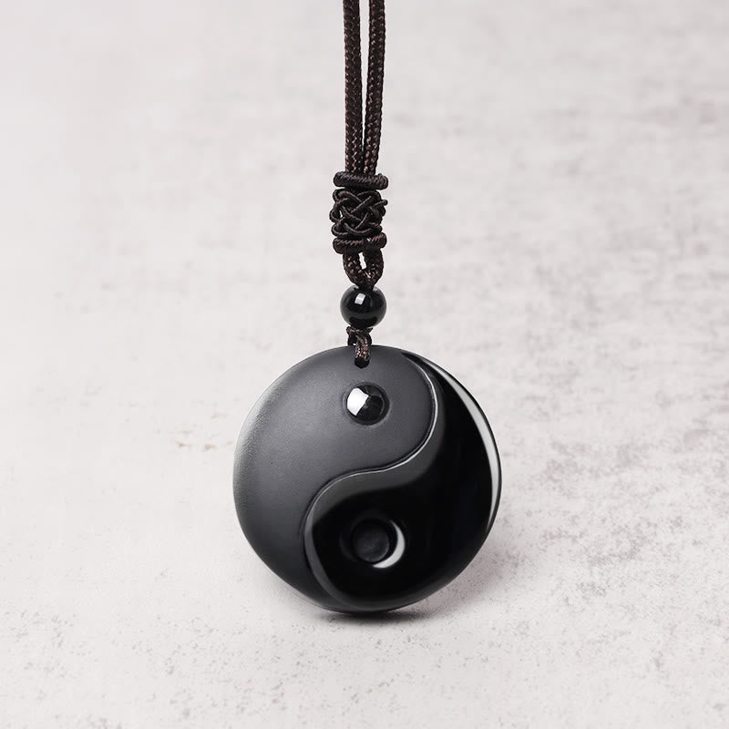 Collier pendentif Yin Yang sculpté en Buddha Stones en obsidienne noire, taoïsme, cinq montagnes sacrées, mantra à neuf caractères, purification - image 7