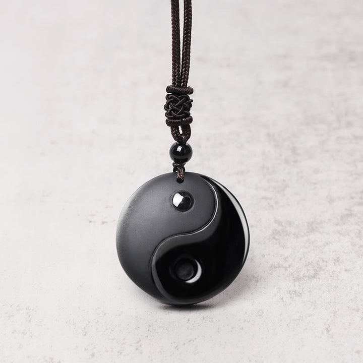 Collier pendentif Yin Yang sculpté en Buddha Stones en obsidienne noire, taoïsme, cinq montagnes sacrées, mantra à neuf caractères, purification - image 7