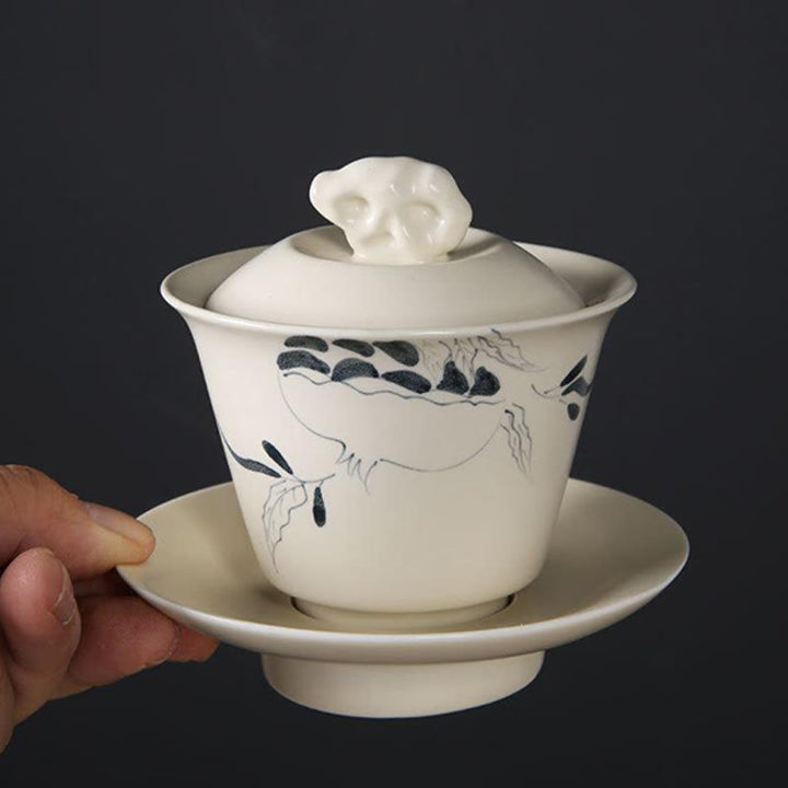 Buddha Stones peintes à la main Grenade Hibiscus Pin Lotus Céramique Gaiwan Sancai Tasse à thé Kung Fu Tasse à thé et soucoupe avec couvercle