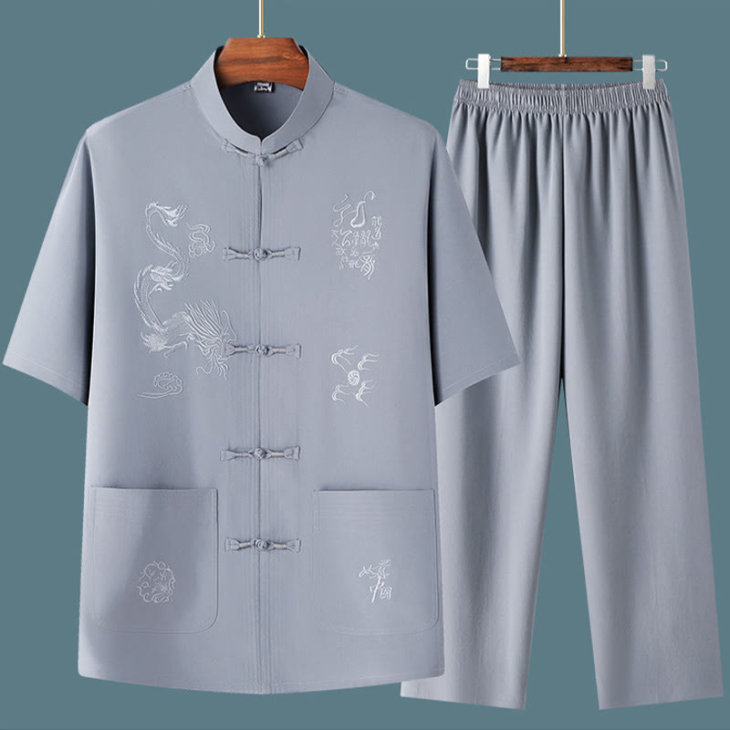 Costume Tang en Buddha Stones Hanfu Dragon chinois Uniforme de Kung Fu traditionnel Haut à manches courtes et pantalon Vêtements Ensemble pour hommes - image 7