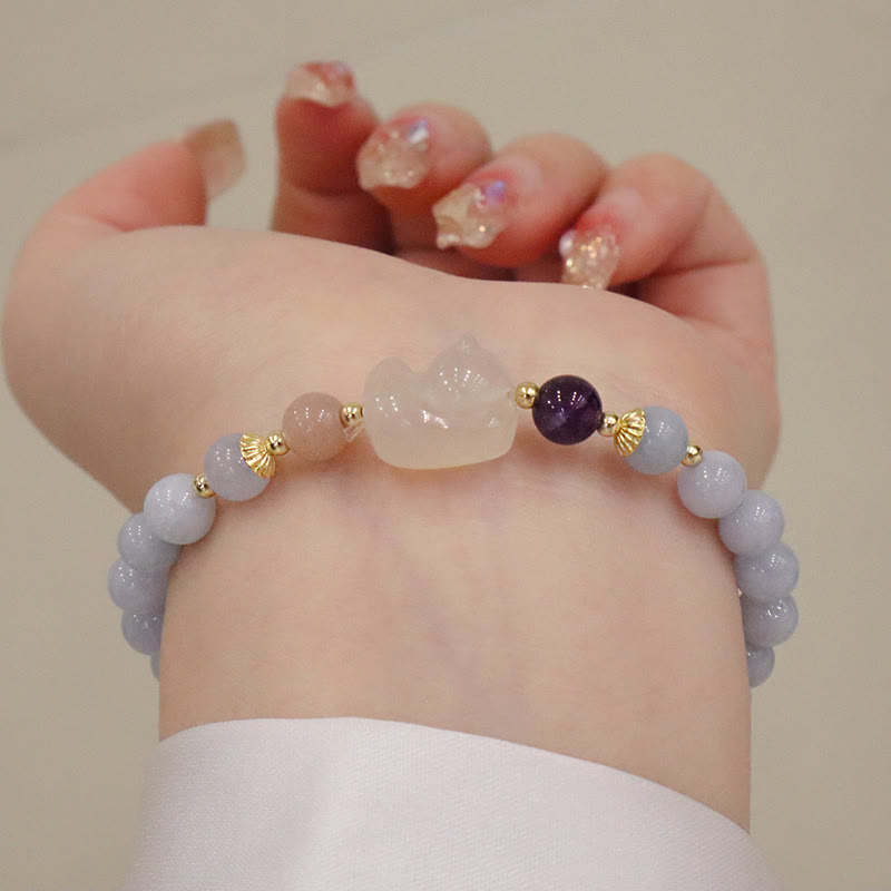 Bracelet à breloques en forme de lapin, de courge et de chat en Buddha Stones -marine naturelle, calcédoine, sérénité - Chat Aigue-Marine Calcédoine - image 7