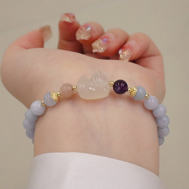 Bracelet à breloques en forme de lapin, de courge et de chat en Buddha Stones -marine naturelle, calcédoine, sérénité - Chat Aigue-Marine Calcédoine - image 7