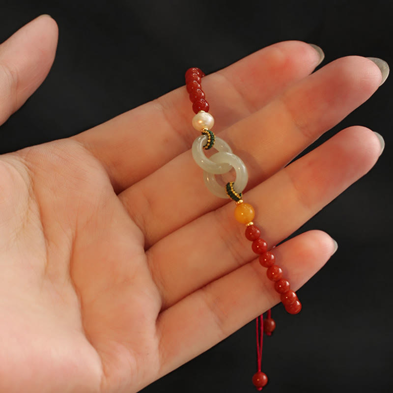 Bracelet de confiance à double boucle de paix en agate rouge naturelle et jade Hetian de Buddha Stones
