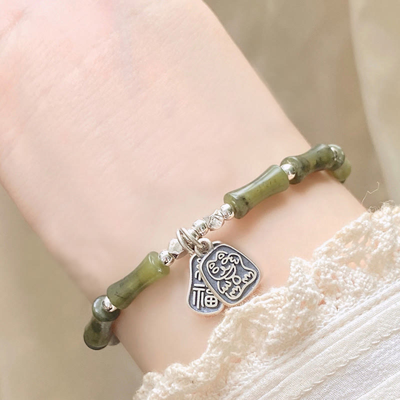 Bracelet en argent sterling 925 Buddha Stones et jade en bambou, chat porte-bonheur, personnage Fu, chance et abondance - image 13