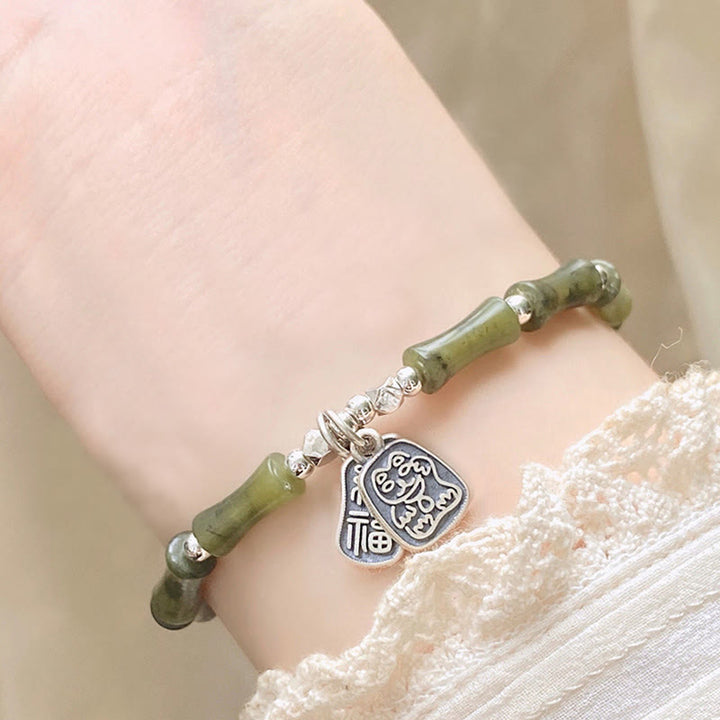 Bracelet en argent sterling 925 Buddha Stones et jade en bambou, chat porte-bonheur, personnage Fu, chance et abondance - image 13