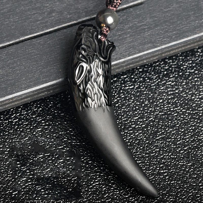 Buddha Stones Obsidienne noire naturelle Obsidienne de glace Obsidienne arc-en-ciel Motif dent de loup Collier force Pendentif