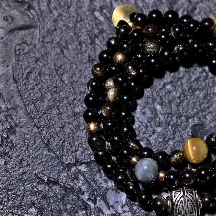 Bracelet de richesse en pierre d'oeil de tigre et d'aigle avec 108 Buddha Stones de Mala en obsidienne dorée brillante