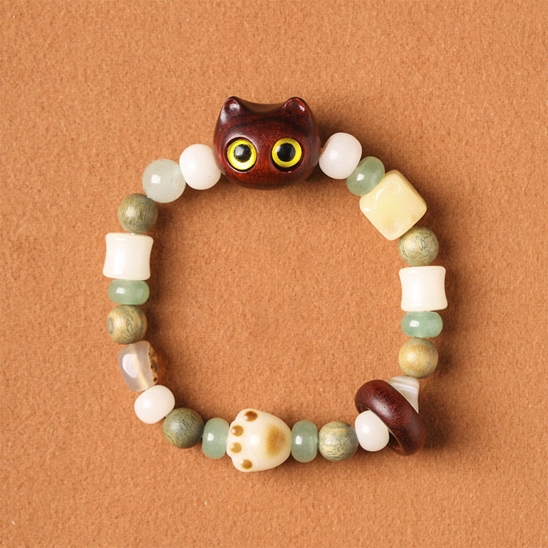 Buddha Stones Graine de Bodhi Bois de santal vert Bois d'ébène Petite feuille Bois de santal rouge Tête de chat Patte Griffe Bracelet de paix - Chat en bois de santal rouge à petites feuilles (yeux jaunes) (circonférence du poignet 14-16 cm) - image 8