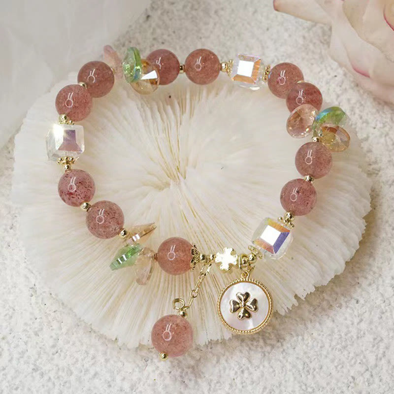 Bracelet porte-bonheur en quartz fraise et trèfle à quatre feuilles avec breloque de guérison et Buddha Stones