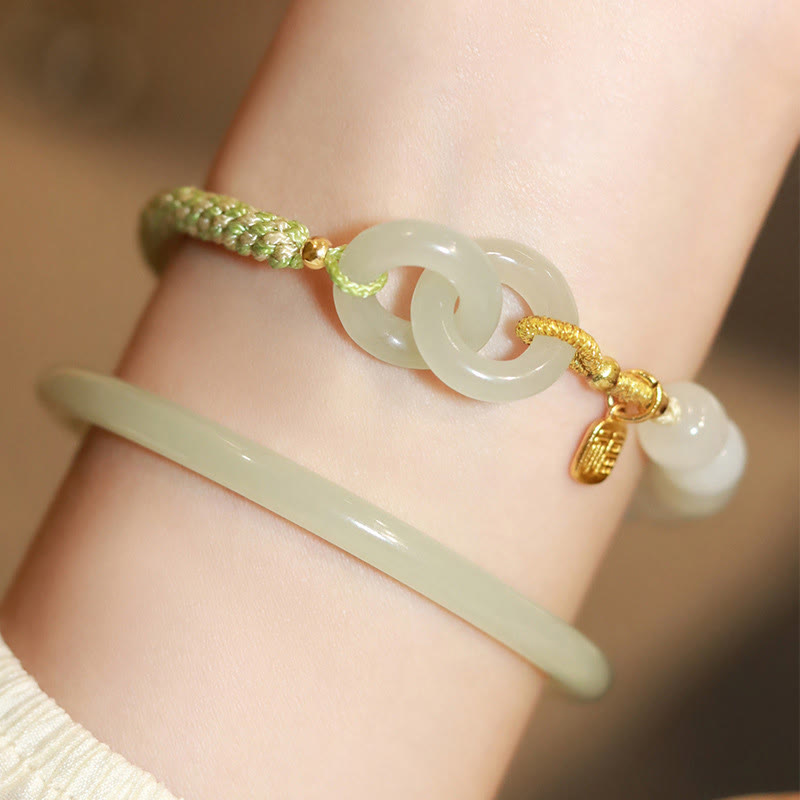 Bracelet tressé en perles de jade Hetian naturelles de Buddha Stones avec boucle de paix double et caractère Fu
