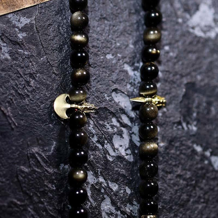 Bracelet de richesse en pierre d'oeil de tigre et d'aigle avec 108 Buddha Stones de Mala en obsidienne dorée brillante