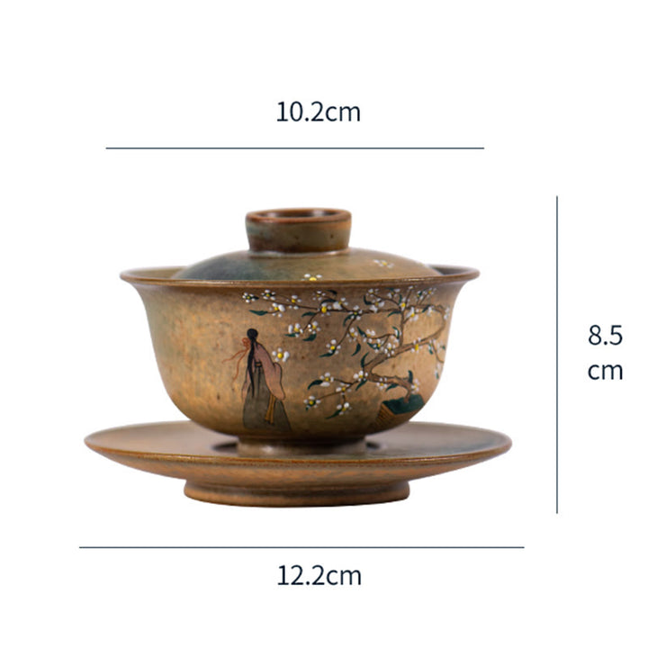 Buddha Stones Jingdezhen peintes à la main en porcelaine au four Ru Hanfu Girl Flower Ceramic Gaiwan Sancai Teacup Kung Fu Tea Cup And Saucer With Lid