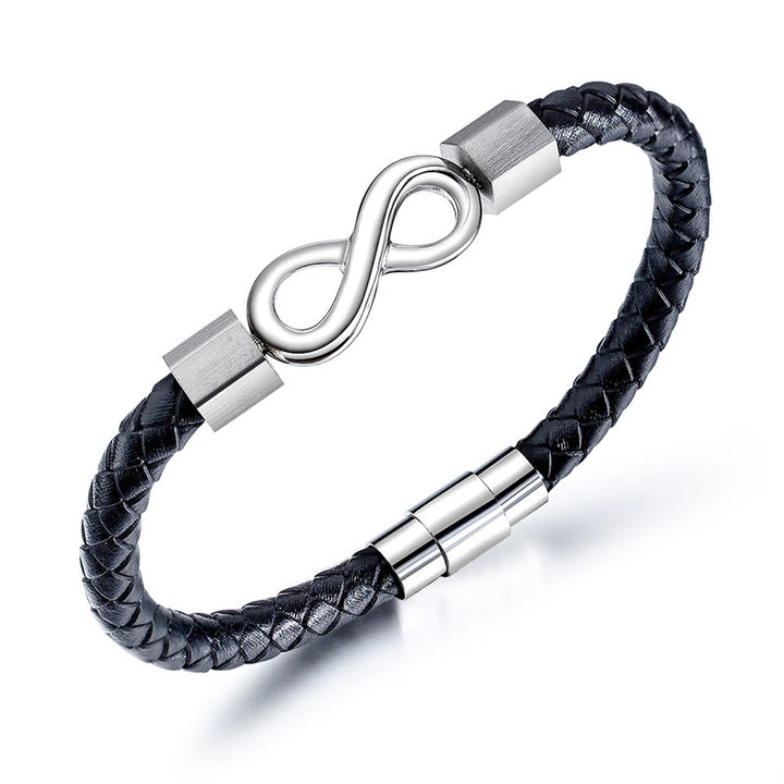 Bracelet d'équilibre en cuir tissé avec nœud sans fin en acier titane et Buddha Stones