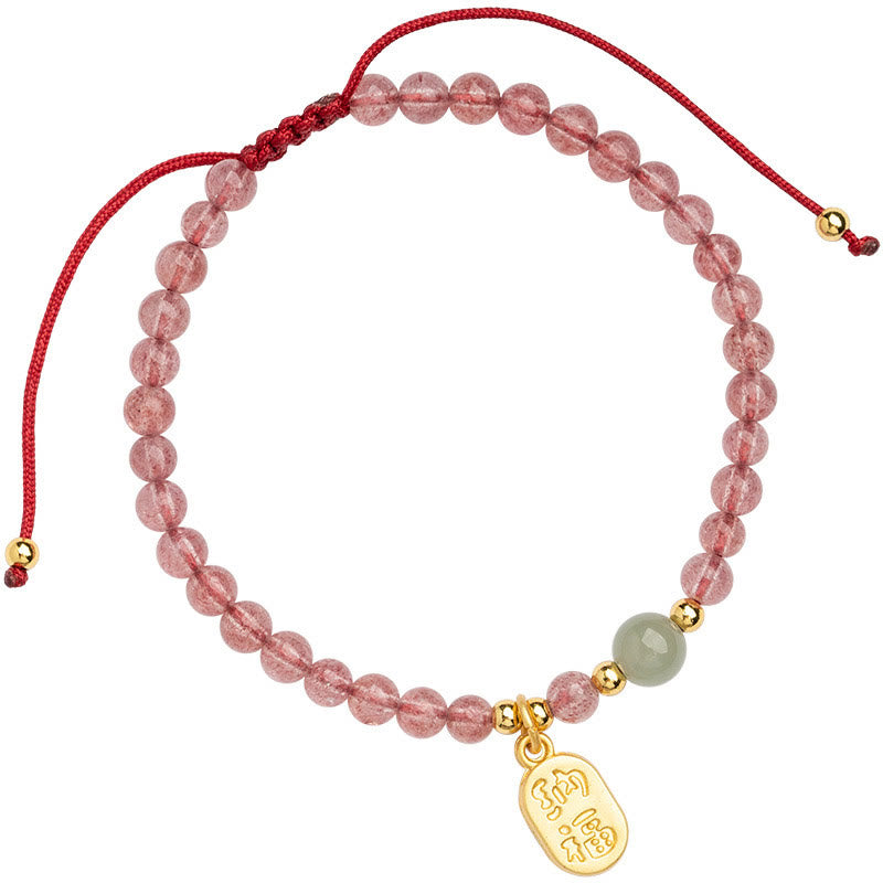 Bracelet porte-bonheur en Buddha Stones, quartz fraise, grenat, jade, caractère Fu