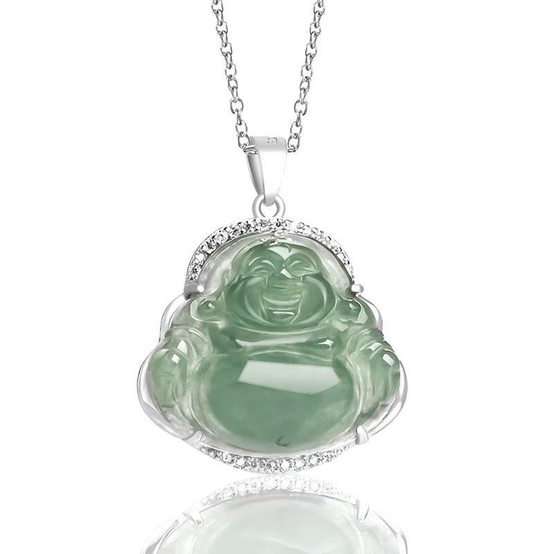Collier de Buddha Stones en jade naturel, symbole de chance et de prospérité, avec pendentif en acier titane et pierre représentant un Bouddha rieur. - image 1