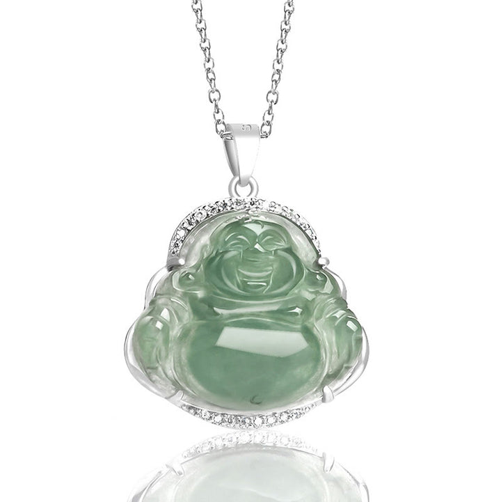 Collier de Buddha Stones en jade naturel, symbole de chance et de prospérité, avec pendentif en acier titane et pierre représentant un Bouddha rieur. - image 1