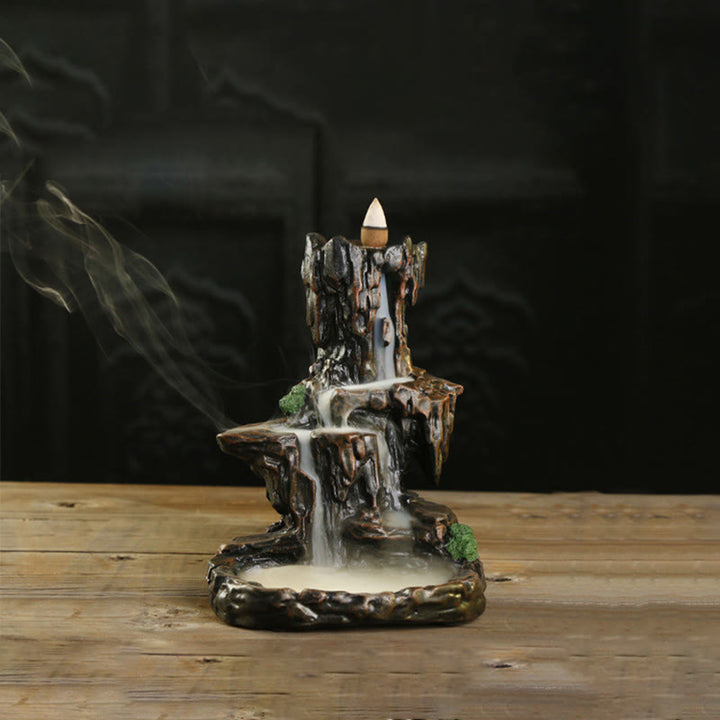 Brûleur d'encens à refoulement en cascade Buddha Stones et porte-encens en forme de tour de montagne