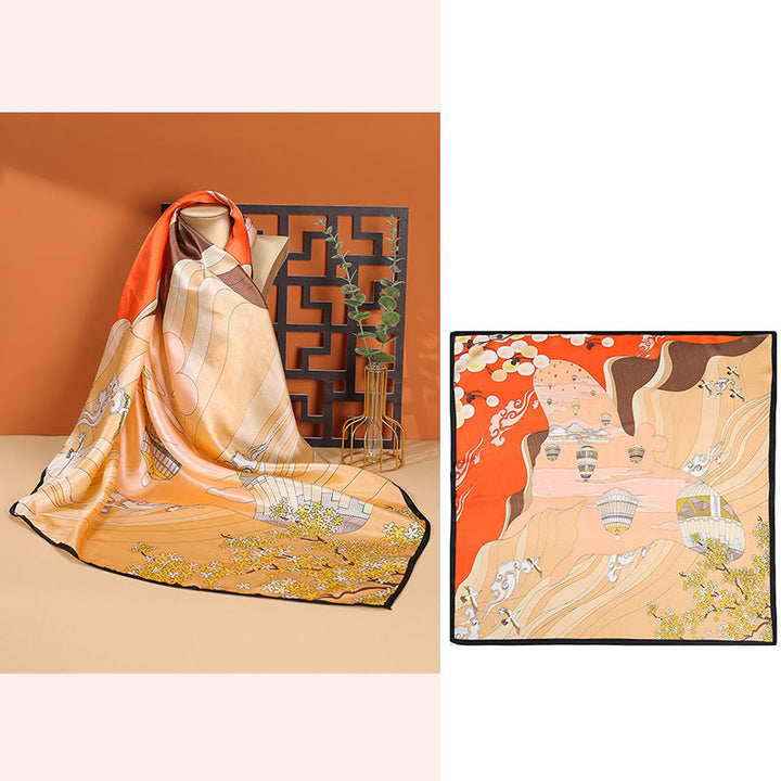 Foulard pour cheveux en soie de mûrier 100 % Buddha Stones et scène pastorale en montgolfière