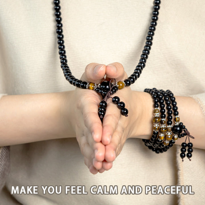 Bracelet Mala 108 perles en obsidienne noire naturelle œil de tigre Buddha Stones