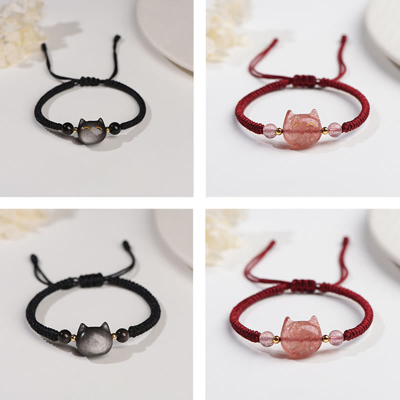 Bracelet tressé fait main en obsidienne naturelle argentée et brillante en quartz fraise avec protection pour chat mignon - image 14