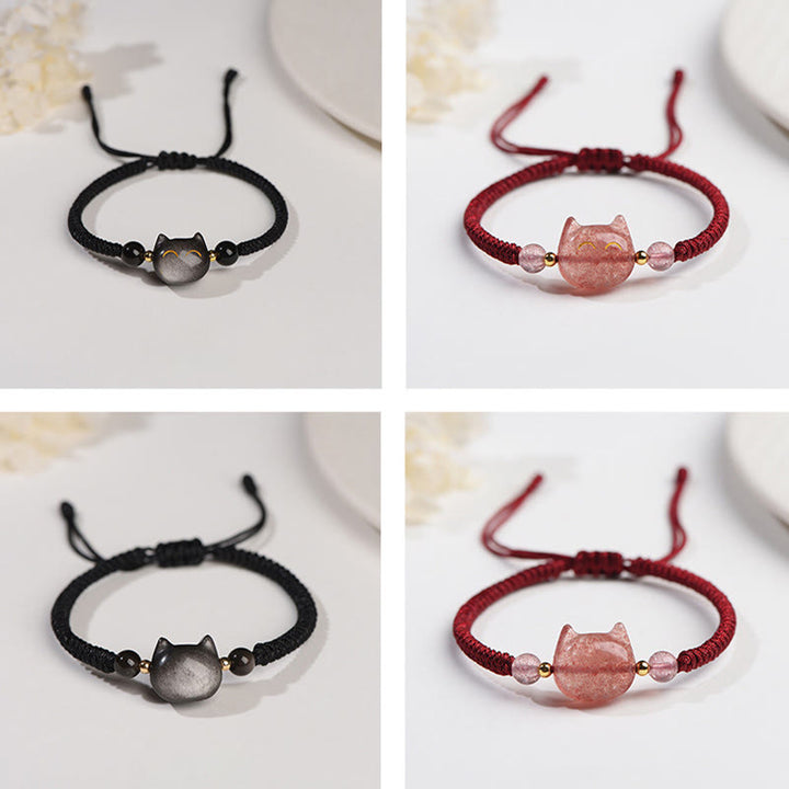 Bracelet tressé fait main en obsidienne naturelle argentée et brillante en quartz fraise avec protection pour chat mignon - image 14