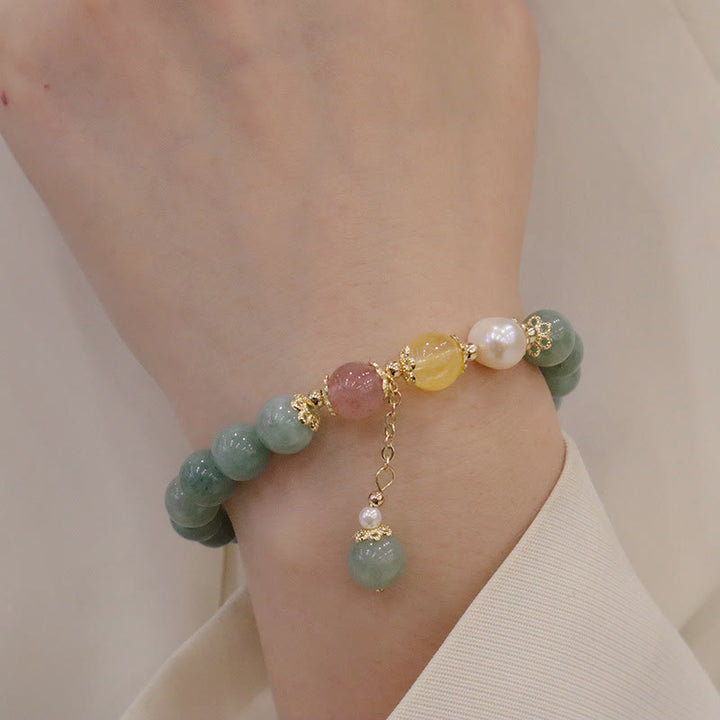 Bracelet porte-bonheur en perles de jade et quartz fraise avec Buddha Stones