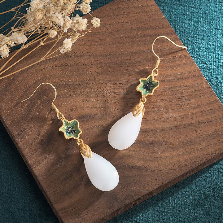 Boucles d'oreilles pendantes porte-bonheur en jade blanc Feng Shui Buddha Stones