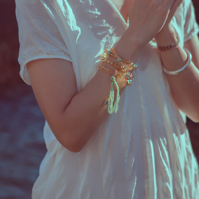 Bracelet Mala 108 Buddha Stones, citrine, bois de santal, turquoise, protection et prospérité